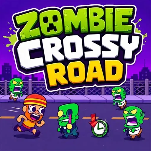 Zombie Crossy Road game icon featuring a runner crossing a road while cartoon zombies chase from behind