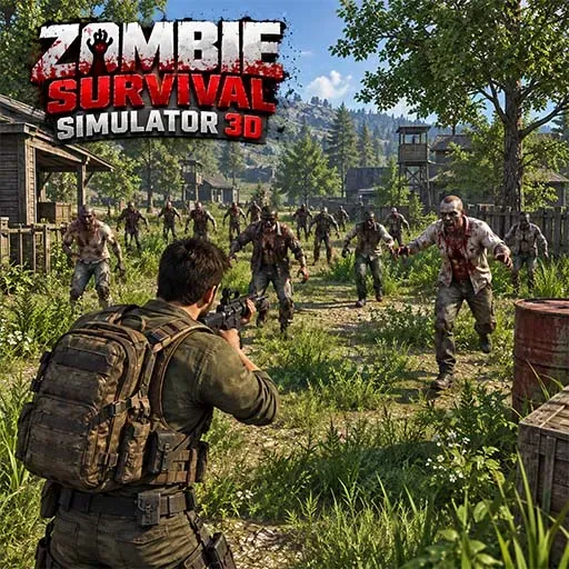 Zombie Survival Simulator 3D game featuring an armed survivor facing a large group of zombies in a forest settlement, with wooden cabins, watchtowers, trees, crates, and a rugged outdoor environment.
